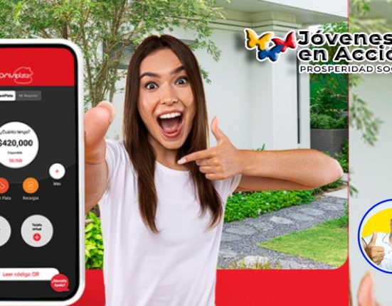 Imagen de mujer con cara de felicidad señalando la billetera digital daviplata, ¡Atención Beneficiarios! Quinto pago 2023 de Jóvenes en Acción