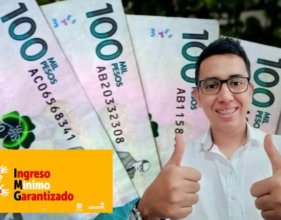 Pagos 2023 de Diciembre del Ingreso Mínimo Garantizado esta imagen contiene cinco billetes de denominación de cien mil pesos colombianos el logo de ingreso mínimo garantizado la foto de wintor ABC con los pulgares hacia arriba