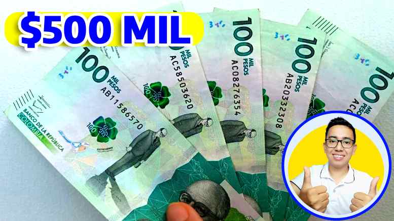 la imagen tiene las palabras bono de $500 mil con cinco billetes de denominación de cien mil pesos colombianos el logo de la cara de Wintor ABC