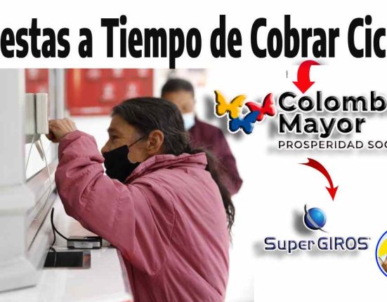 la imagen contiene las palabras: aun estas a tiempo de cobrar ciclo 11 una flecha señalando el logo de Colombia mayor otra flecha señalando el logo de SuperGiros una imagen de una señora adulta en una ventanilla de cobro una imagen con la cara de Wintor ABC