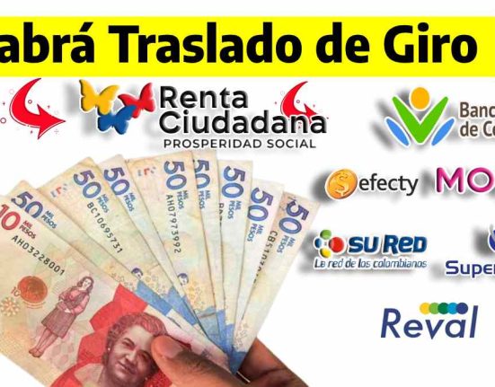 la imagen contiene la palabra Habrá Traslado de Giro logos de renta ciudadana, banco agrario, movii, efecry, reval, sured, supergiros, billetes colombianos de cincuenta mil pesos y diez mil pesos colombianos