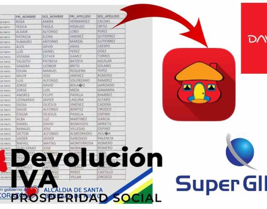 Esta imagen contiene, el logo de daviplata, supergiros, davivienda, devolución del iva, un listado y una flecha roja
