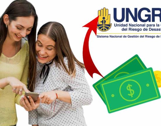 en esta imagen contiene el logo de UNGRD, una flecha , dos personas mirando el celular y billetes en logo