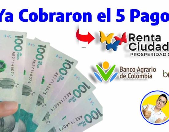 la imagen contiene el texto ¿ya cobraron el 5 pago?, los logos de renta ciudadana, banco agrario, bico y wintor abc billetes con denominación en pesos colombianos sostenidos con el pulgar izquierdo.