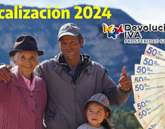 Focalización 2024, de fondo imagen de tres personas y un paisaje, logotipo de Devolución de IVA y Billetes de denominación en pesos colombianos