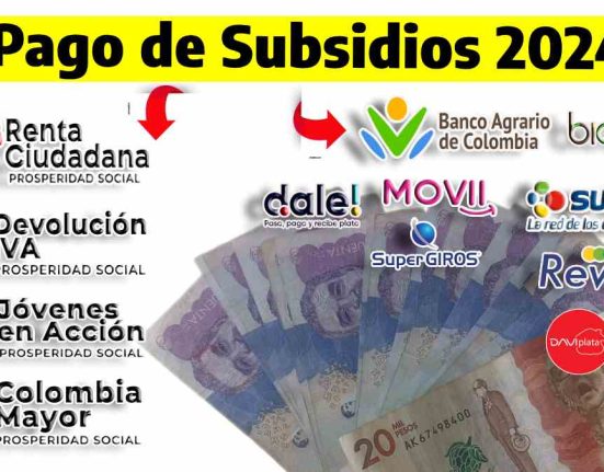 pago de subsidio 2024 los logotipos de programas sociales renta ciudadana, devolución de iva, jóvenes en acción, colombia mayor, logos de entidades financieras Banco agrario de colombia y su billetera digital bico, dale, movii, supergiros, reval, sured, daviplata, logo de Wintor ABC, billetes de denominación en pesos colombianos