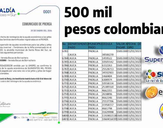 imagen de comunicado de alcaldía y listado de beneficiairos, 500 mil pesos colombianos, los logotipos de supergiros, sured, efecty y Wintor ABC Consulta Listados de Beneficiarios Focalizados de las familias Damnificados en 2024