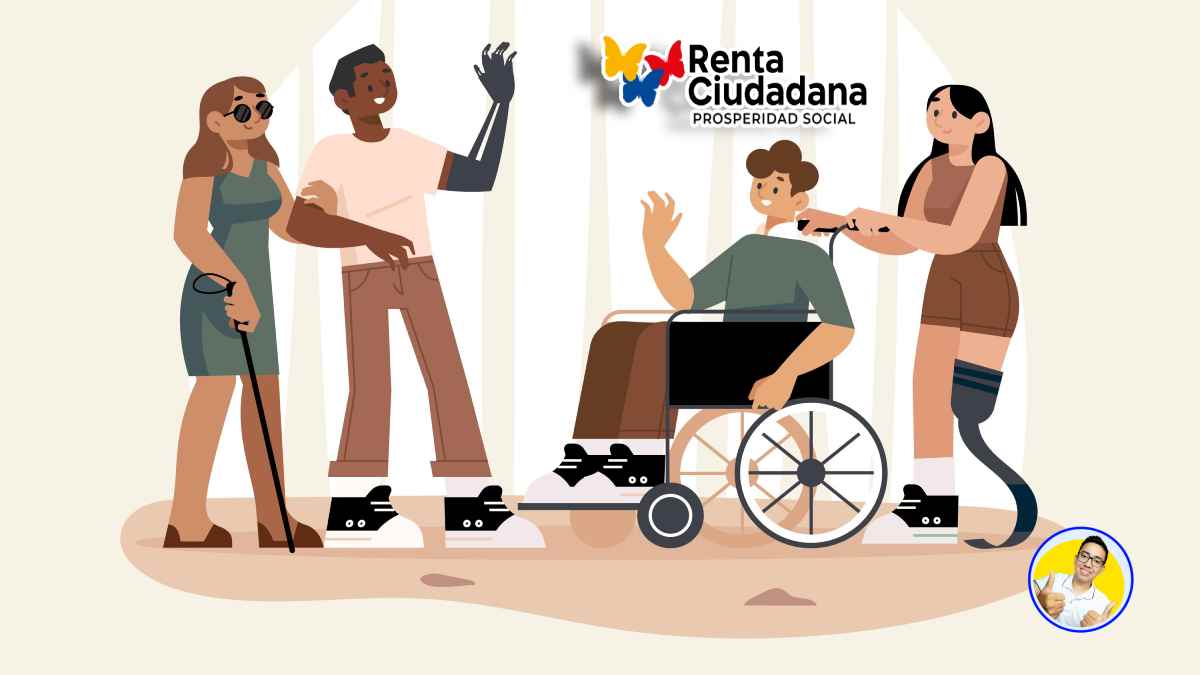 fondo de la imagen con personas en condición de discapacidad y los logotipos de Renta Ciudadana y Wintor ABC