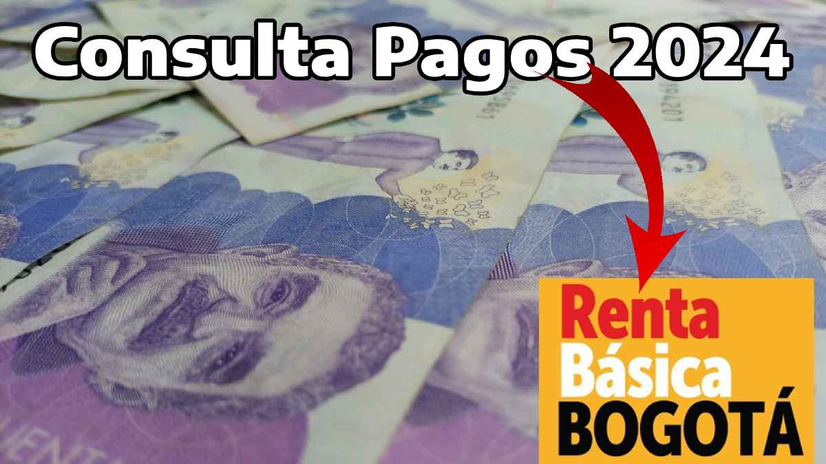 Contiene pesos Colombianos y el logo de La renta básica Bogotá ( IMG ) y las palabras Consulta pagos de Ingreso Mínimo Garantizado en febrero 2024 Consulta Listado Marzo 2024