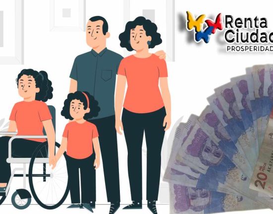 imagen de una familia con integrantes en condición de discapacidad, dinero en pesos colombianos, logotipos de renta ciudadana y Wintor ABC