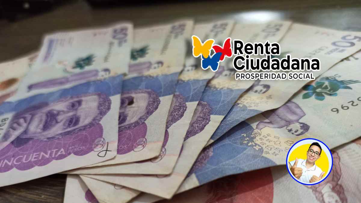 imagen de fondo billetes de cincuenta mil pesos colombianos, con los logos de renta ciudadana y Wintor ABC Consulta Link de Renta Ciudadana