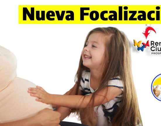 la imagen tiene las palabras nueva focalización renta ciudadana en logo, una mujer embarazada y una niña tocándole el vientre y el logo de wintor abc
