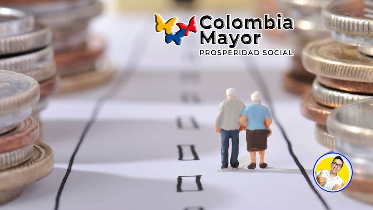fondo de la imagen dos abuelos de espalda en muñecos y monedas alrededor, los logotipos de colombia mayor y Wintor ABC Inicia el Tercer Pago 2024