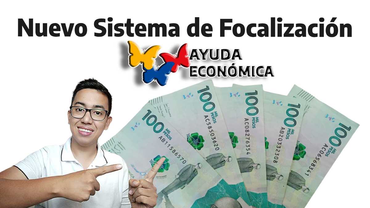 Nuevo sistema de Focalización, el logotipo de ayudas económicas, la foto Wintor ABC señalando con los dedos billetes de cien mil pesos colombianos
