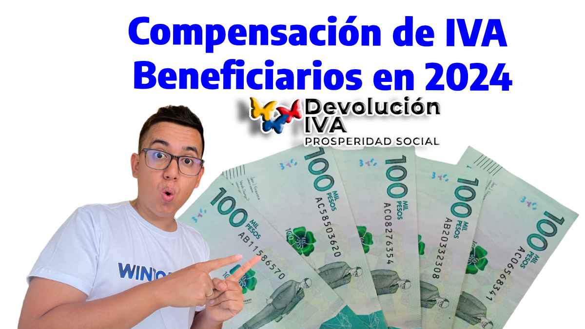 Compensación de IVA Beneficiarios en 2024, logotipo de Devolucion IVA, la foto de Wintor ABC con cara de asombro señalando billetes de cien mil pesos colombianos.