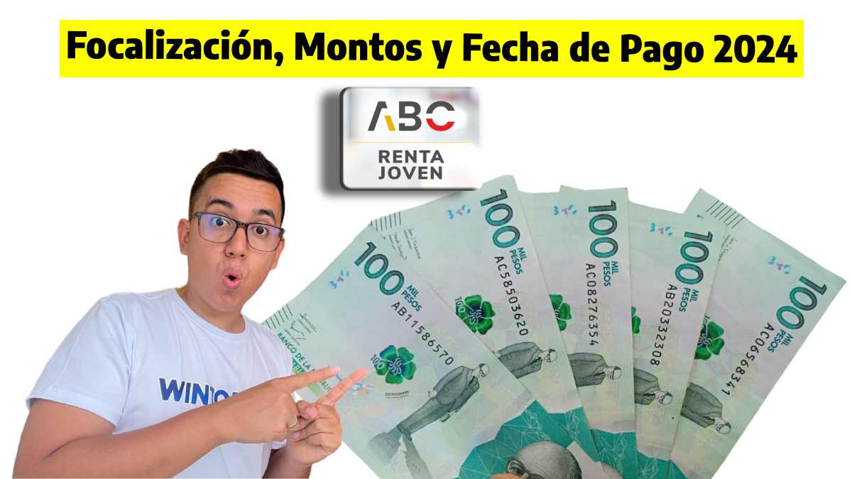 Focalización, montos y fecha de pago 2024 el logo de ABC Renta Joven, la foto de Wintor ABC y cinco billetes de cien mil pesos colombianos Beneficiarios de Renta Joven 2024 Fechas de Pagos de Renta Joven