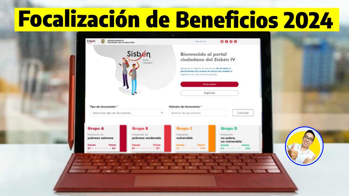 imagen de fondo portátil en la pantalla informacion de la pagina oficial de el sisben IV, las palabras focalización de beneficios 2024 y el logo de Wintor ABC