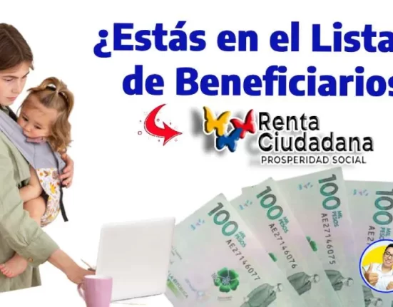 Imagen de muchacha con una niña en en los brazos mirando un portátil, el logo de renta ciudadana, billetes de denominación en pesos colombianos y el logotipo de Wintor ABC.