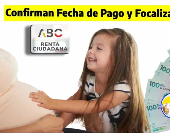 imagen de mujer embarazada y una niña tocándole el vientre, el nuevo logo de renta ciudadana 2024, billetes de cien mil pesos colombianos y el logo de Wintor ABC