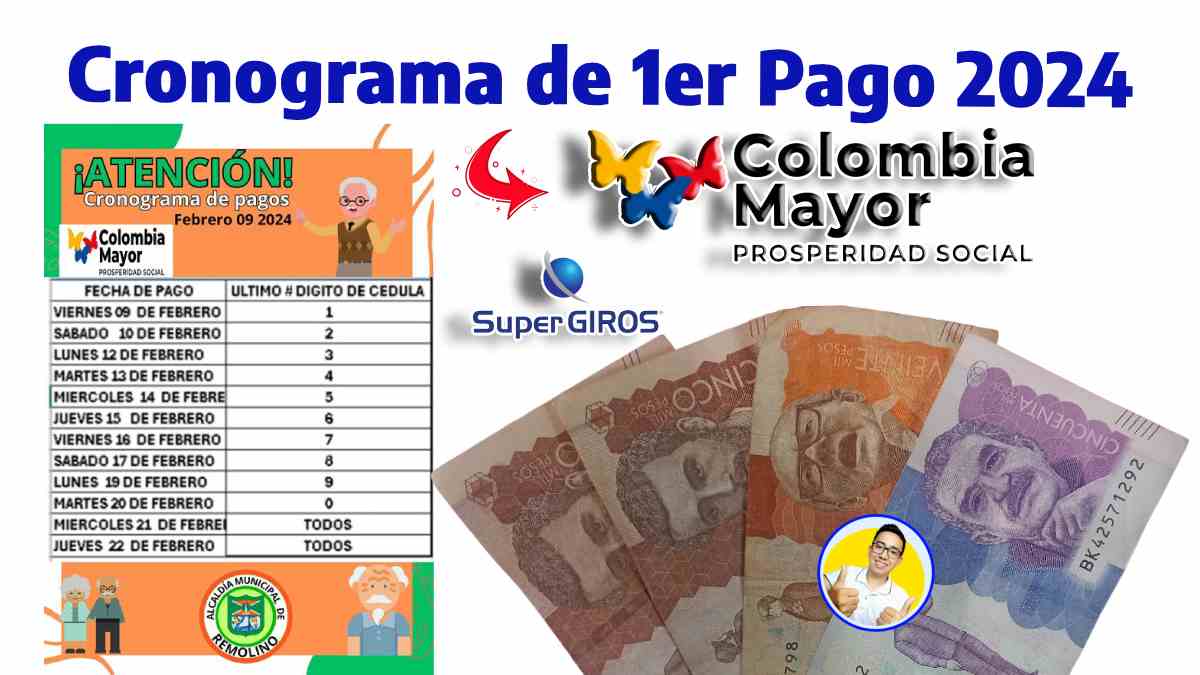 imagen de una publicación de una alcaldía Cronograma de 1er pago 2024, logotipos de colombia mayor, supergiros, ochenta mil pesos colombianos y el logo de Wintor ABC