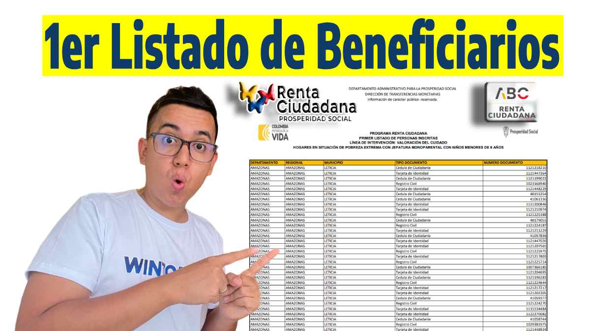 capture de 1er listado de beneficiarios publicado por Prosperidad Social, la foto de Wintor ABC asombrado señalando, los logotipos Renta Ciudadana y ABC de la misma.