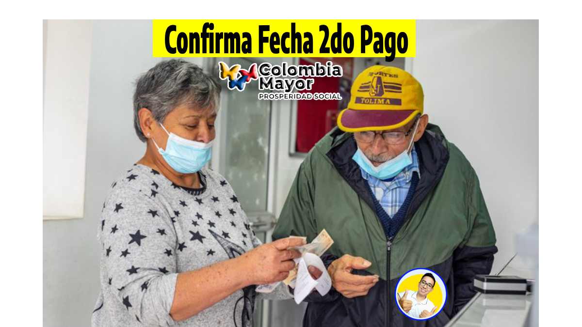 Confirma fecha 2do pago, foto de un adulto mayor en compañía de una mujer con dinero el logotipo de Colombia Mayor y Wintor ABC