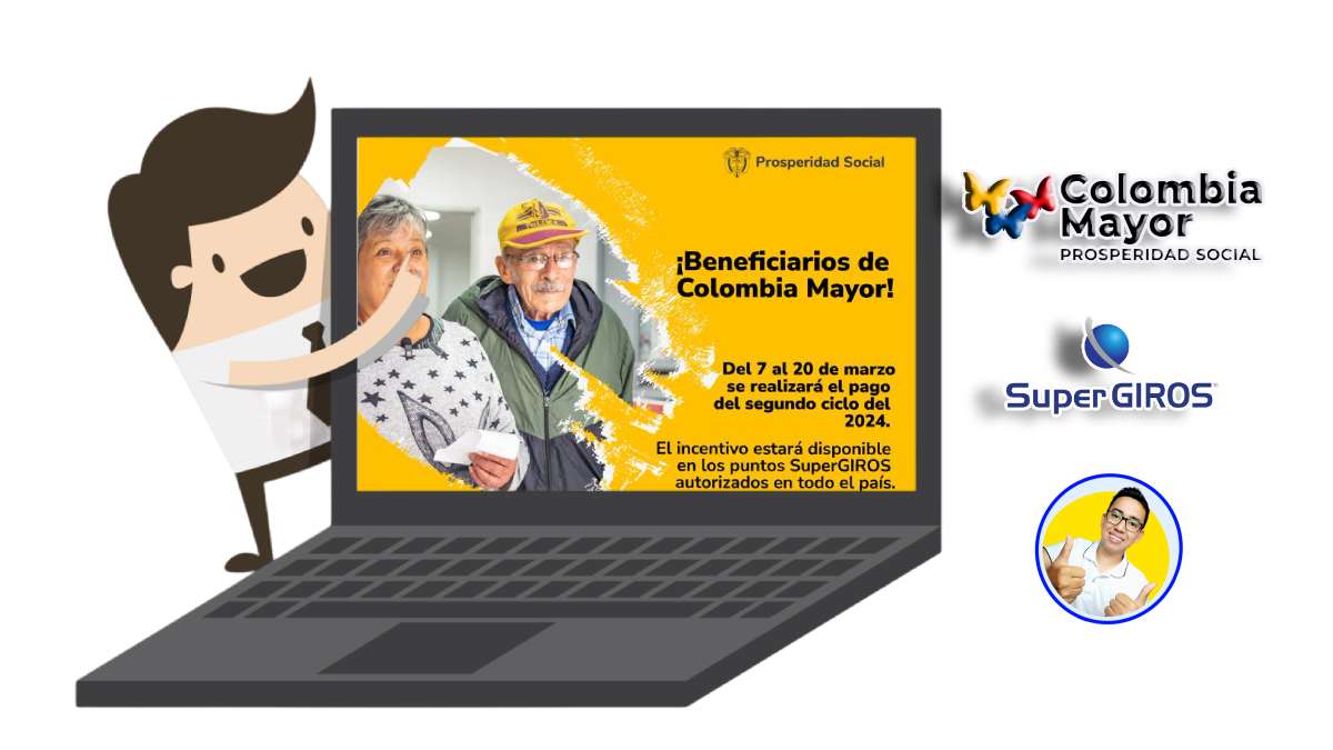 imagen de pc con informacion en la pantalla de fecha de pago, los logos de colombia mayor, supergiros y Wintor ABC Inicio Cuarto Ciclo de Pagos