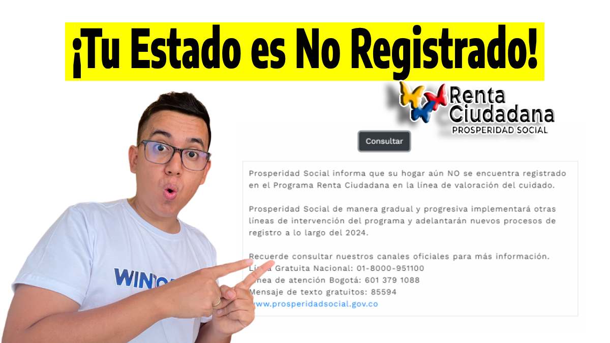 ¡Tu Estado es No Registrado! Foto de Wintor ABC con asombro señalando el resultado de consulta de Renta Ciudadana.