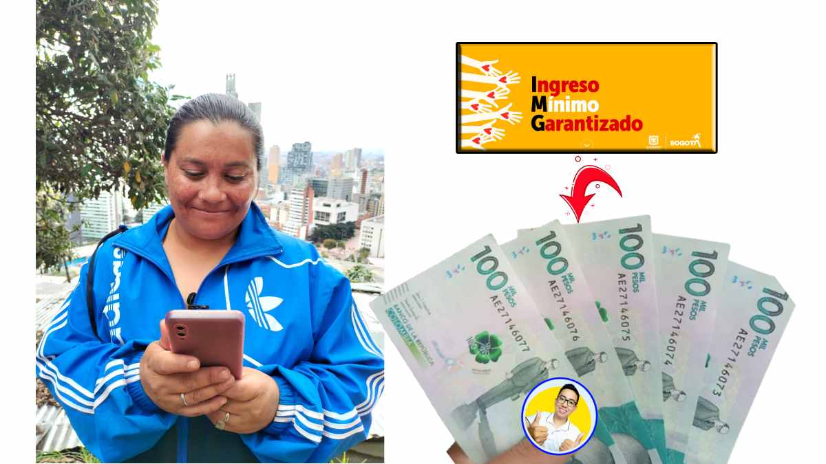 mujer mirando el celular, billetes de cien mil pesos colombianos y logos de Ingreso Mínimo Garantizado, Wintor ABC Consulta Transferencias Más Bien-Estar