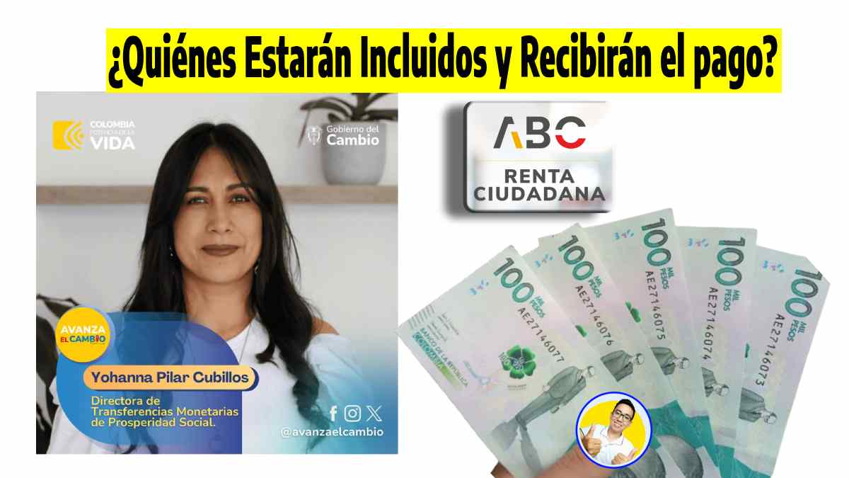 imagen de la directora de transferencias Yohanna Cubillos, ¿Quiénes estarán incluidos y recibirán pago?, el logo ABC Renta Ciudadana, Wintor ABC, cinco billetes de cien mil pesos colombianos