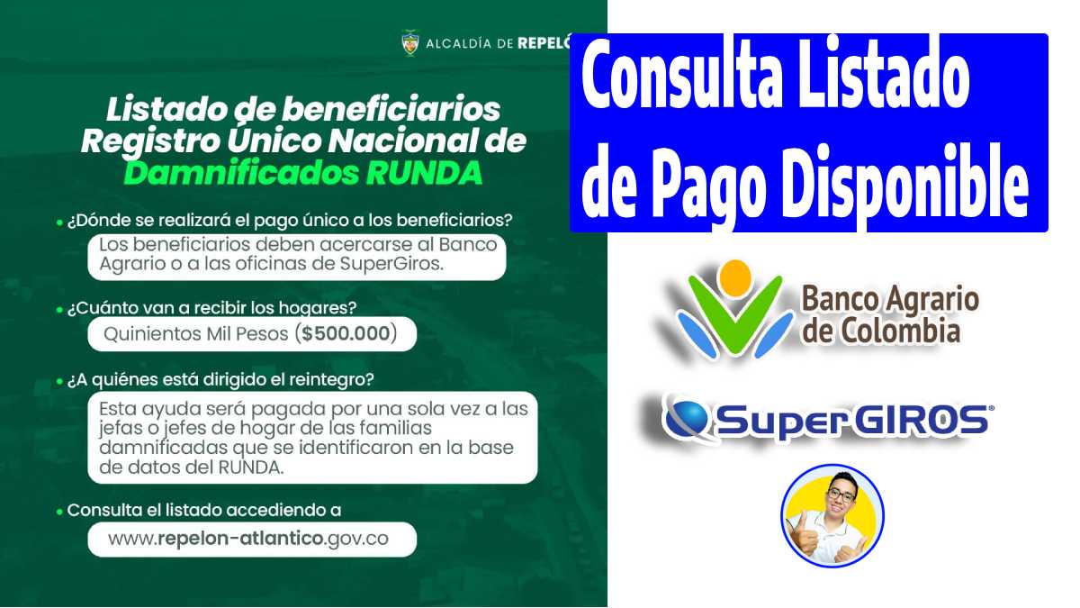 imagen de información de beneficiarios RUNDA, Consulta listado de pago disponible, logos de Banco Agrario de Colombia, supergiros y Wintor ABC