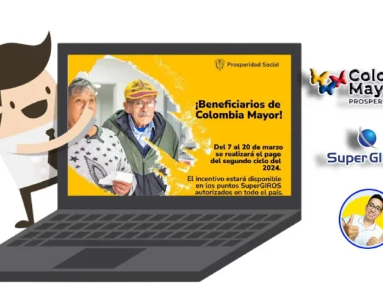 imagen de pc con informacion en la pantalla de fecha de pago, los logos de colombia mayor, supergiros