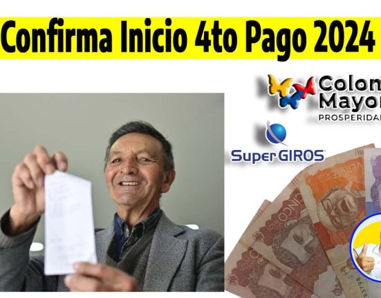 Confirma inicio 4to pago 2024, abuelo mostrando tirilla, logos de Colombia Mayor, SuperGiros y Wintor ABC, billetes de denominación en pesos colombianos.