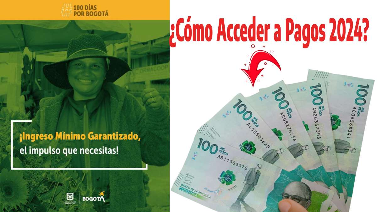 ¿Cómo Acceder a Pagos 2024? Imagen de mujer sonriendo de la página de Ingreso Mínimo Garantizado y billetes en pesos colombianos