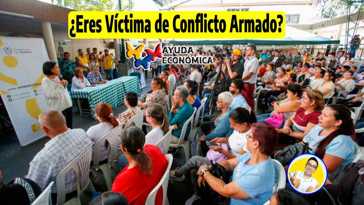 ¿Eres Víctima de Conflicto Armado? Logo de ayudas económicas 2024 y Wintor ABC, foto de grupo de personas en una Reunión con la directora de la unidad de victimas de el conflicto armado.