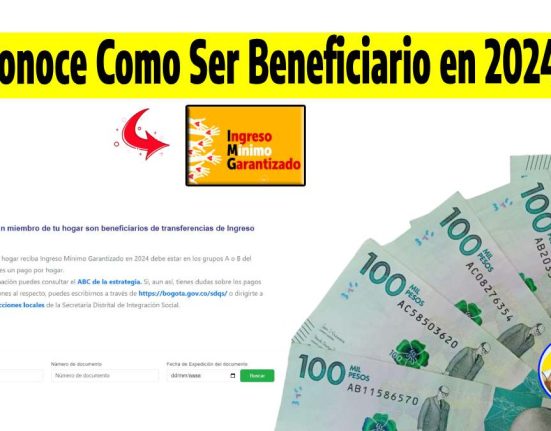 ¿Conoce Como Ser Beneficiario en 2024? Logro de Ingreso Mínimo Garantizado, formulario de consulta, billetes de cien mil pesos colombianos y el logo de Wintor ABC.