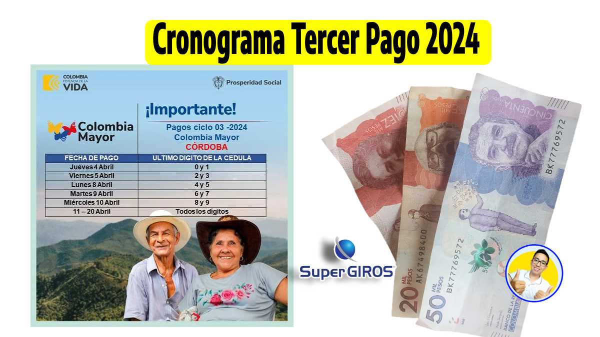 Cronograma Tercer Pago 2024, de el programa Colombia Mayor 80 mil pesos colombianos y los logos de SuperGiros y Wintor ABC.