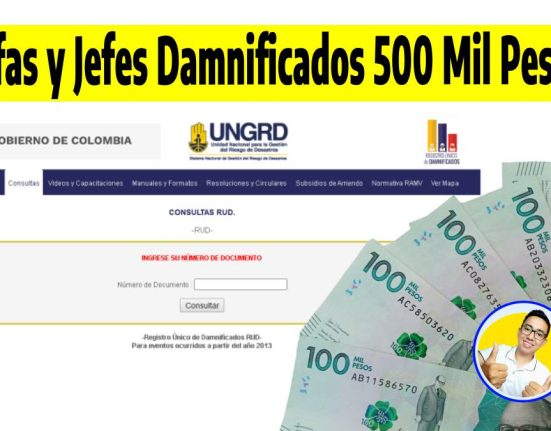 Jefas y Jefes Damnificados 500 Mil Pesos, imagen de el portal UNGRD y billetes de cien mil pesos colombianos y el logo de Wintor ABC.