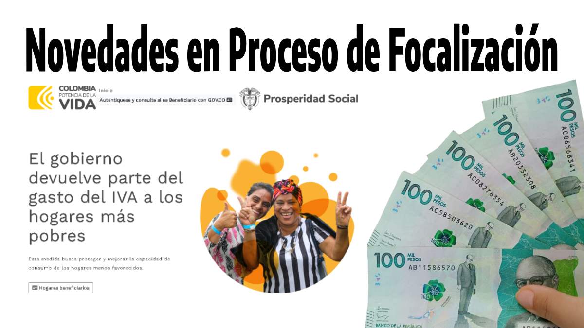 Novedades en Proceso de Focalización, índex de la pagina oficial de la Devolución de IVA, cinco billetes de cien mil pesos colombianos.