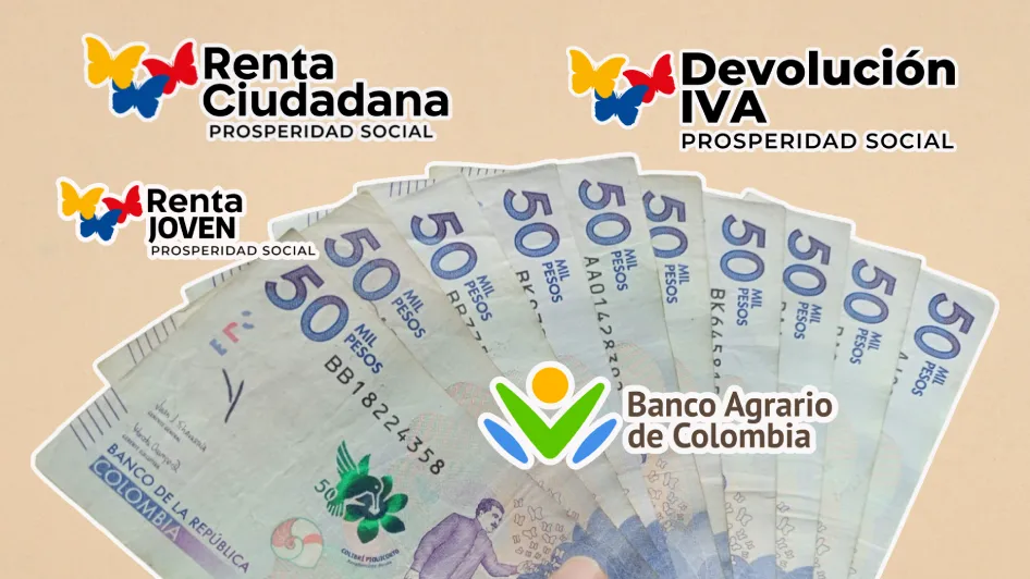 Imagen de fondo con dinero en pesos colombianos y logos de los programas sociales y el banco.
