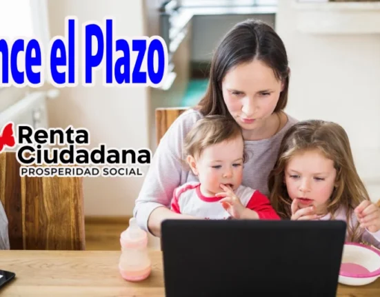Imagen de mujer en un pc, mirando detenidamente con dos niños pequeños.