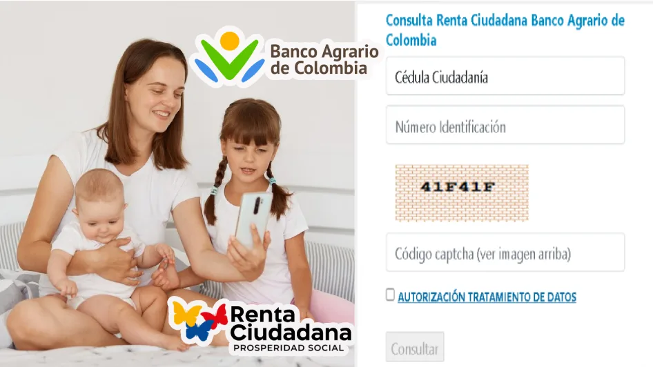 Imagen de mujer con sus hijos mirando el celular y formulario de consulta si recibirás pagos